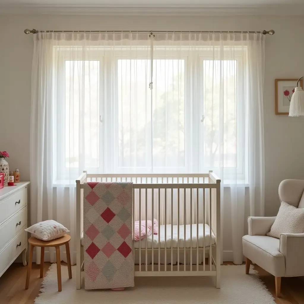 a photo of a nursery adorned with lace curtains and a patchwork quilt