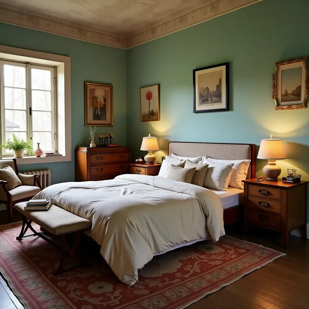 a photo of a vintage-style bedroom with an eclectic mix of furniture and decor