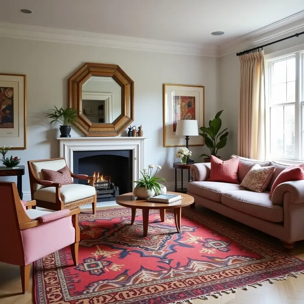 a photo of a colorful tribal rug in an eclectic living room