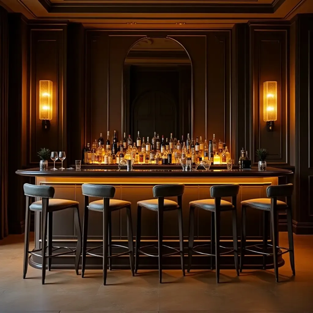 a photo of a sophisticated bar area with elegant stools and ambient lighting