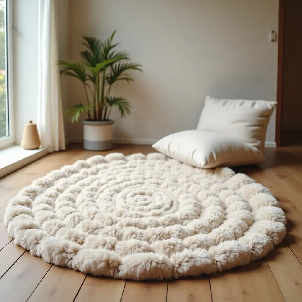 a photo of a soft, tufted rug in a tranquil meditation corner