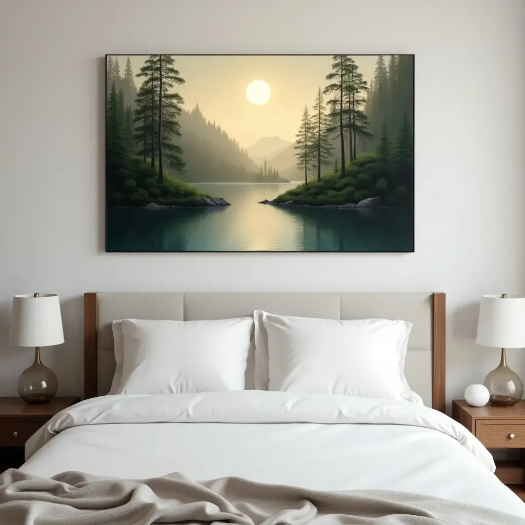 a photo of a serene landscape painting above a bed