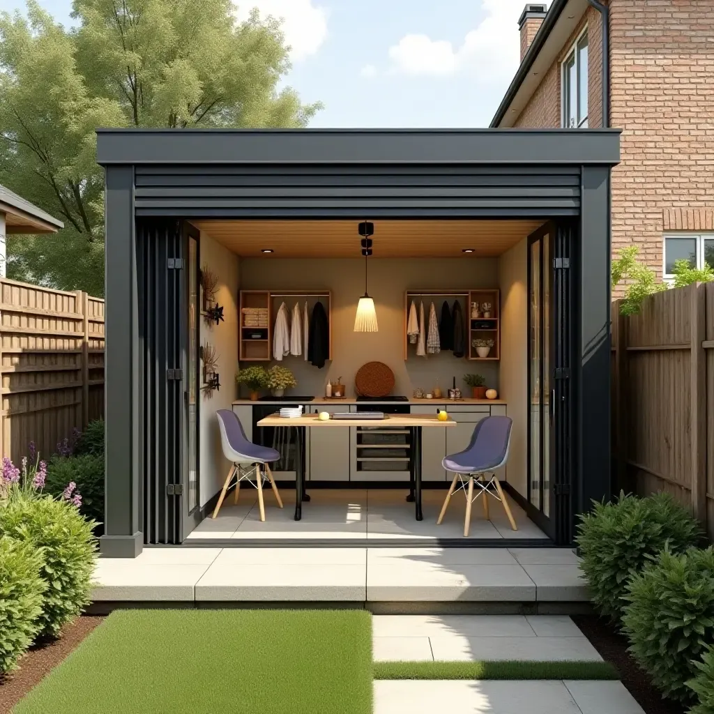 a photo of a functional outdoor laundry space with a retractable clothesline