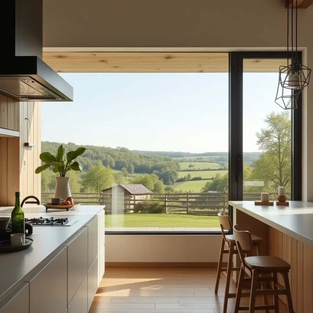 a photo of a kitchen featuring a large window with a farmhouse view