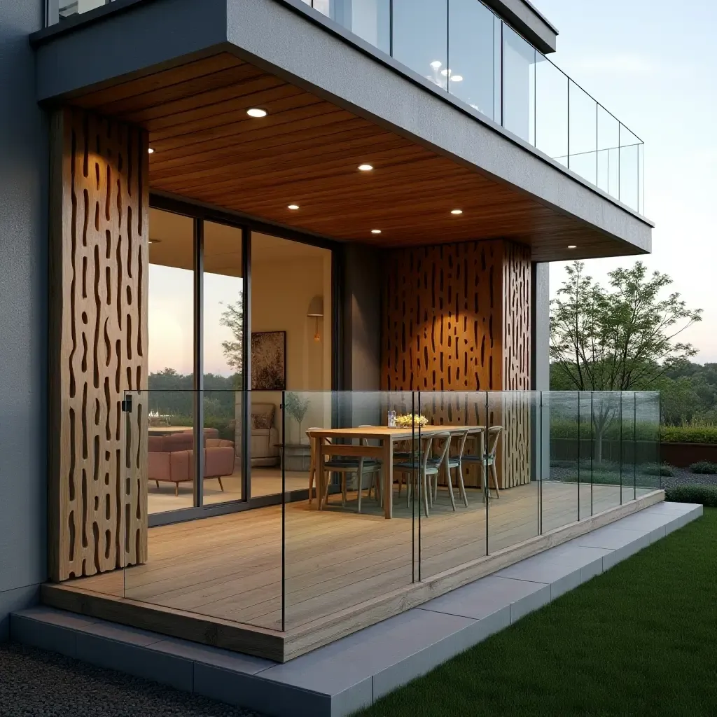 a photo of a luxurious glass balcony with a wooden privacy lattice