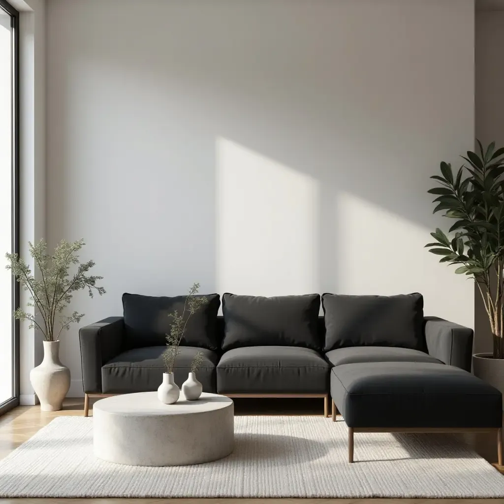 a photo of a minimalist living room featuring a dark grey couch and sleek furniture