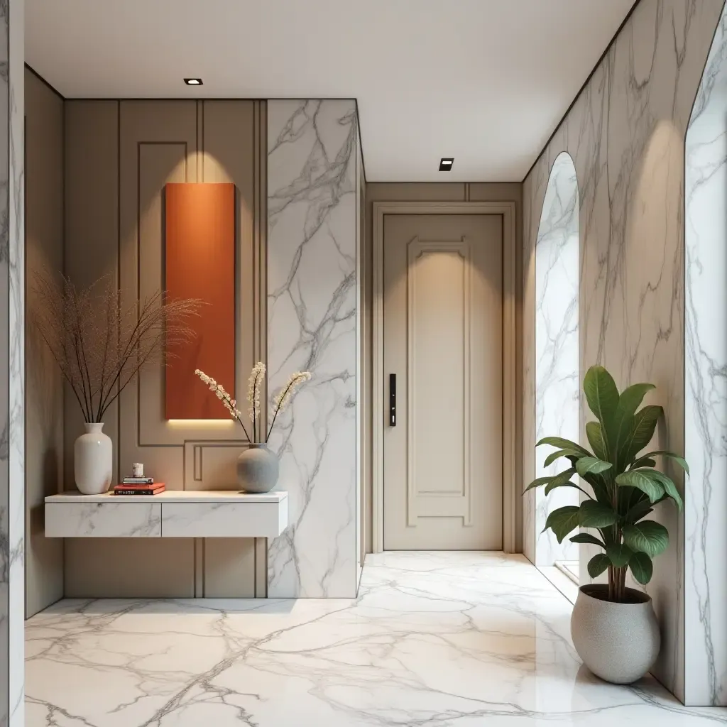 a photo of a contemporary entrance hall with marble elements and a pop of color through decor