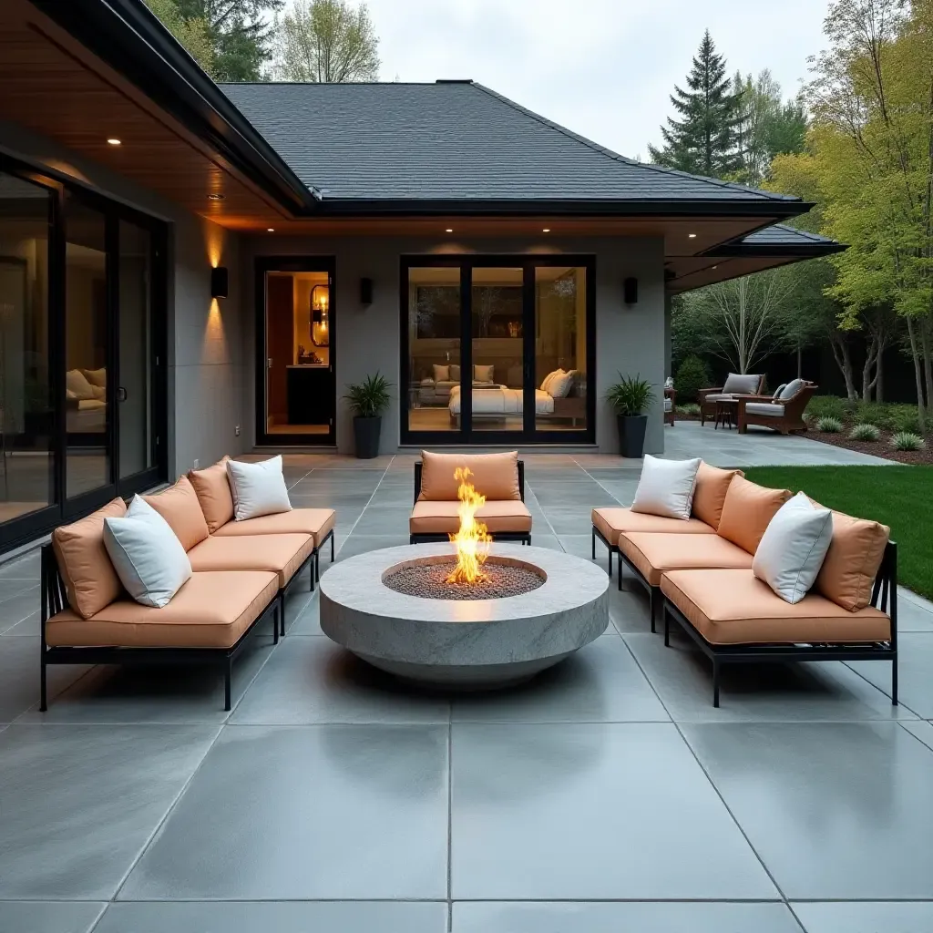 a photo of a concrete patio with a modern fire pit surrounded by stylish seating