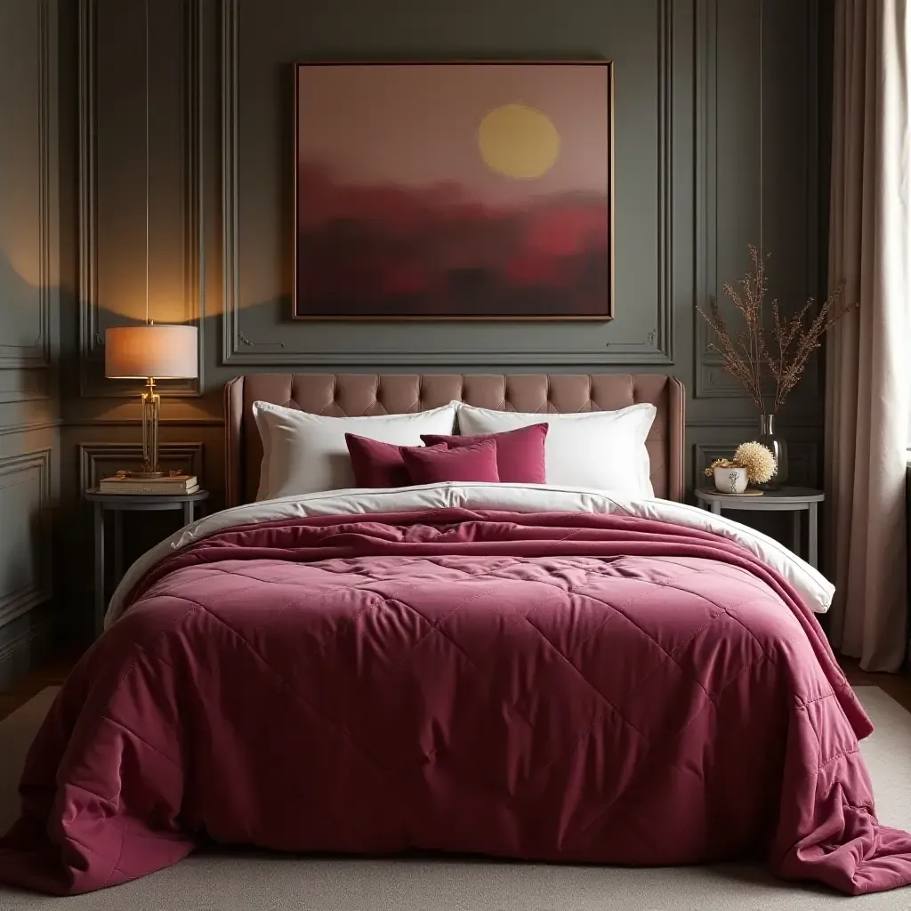 a photo of a luxurious velvet bedspread in a chic bedroom