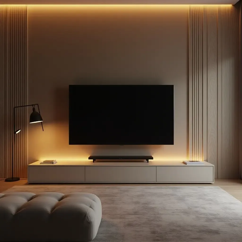 a photo of a minimalist TV room with sleek furniture and ambient lighting