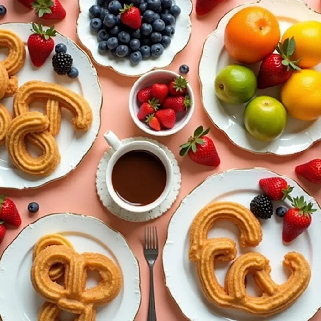 a photo of a colorful Spanish breakfast spread with churros, chocolate, and fresh fruit.