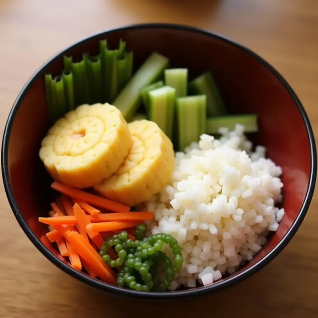 a photo of a healthy Japanese breakfast featuring tamagoyaki, pickled vegetables, and steamed rice.