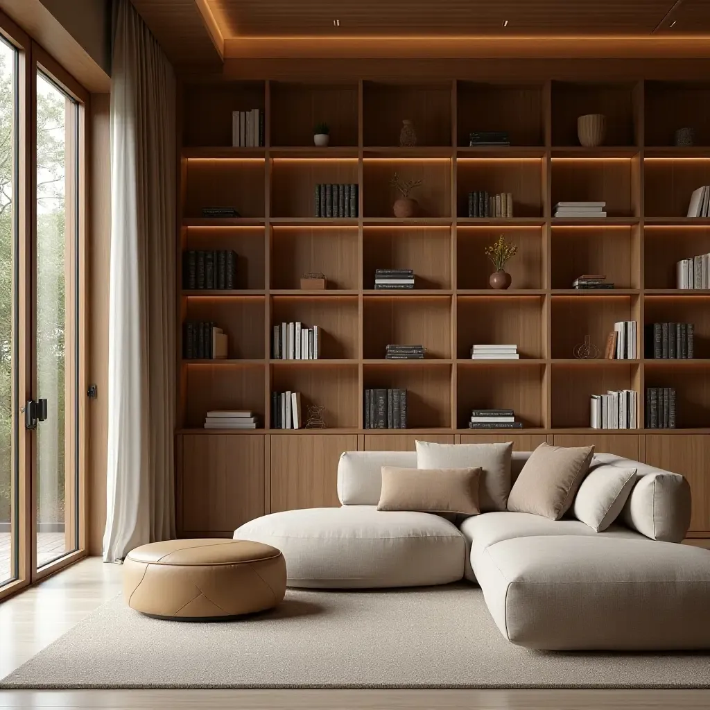 a photo of a library featuring a blend of wood tones and soft textiles