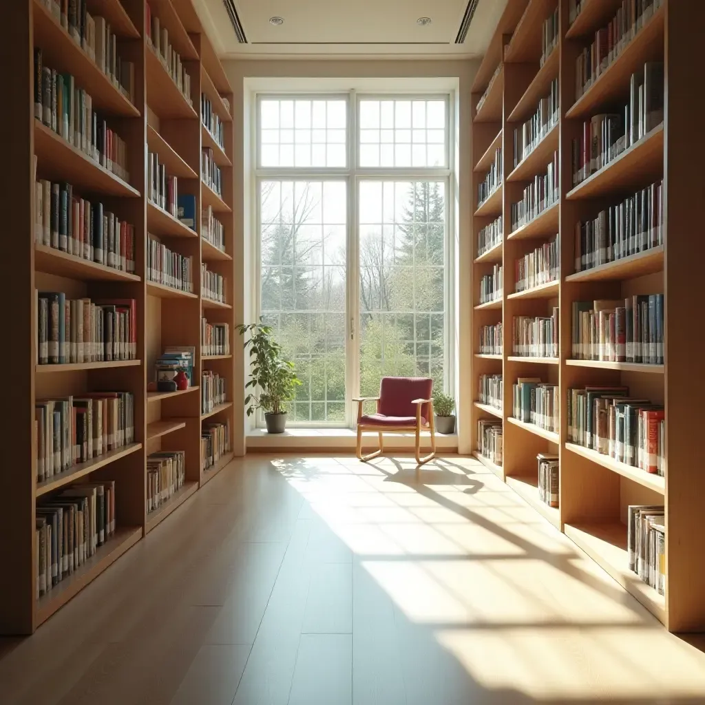 a photo of a library with a large window and bright, organized shelves