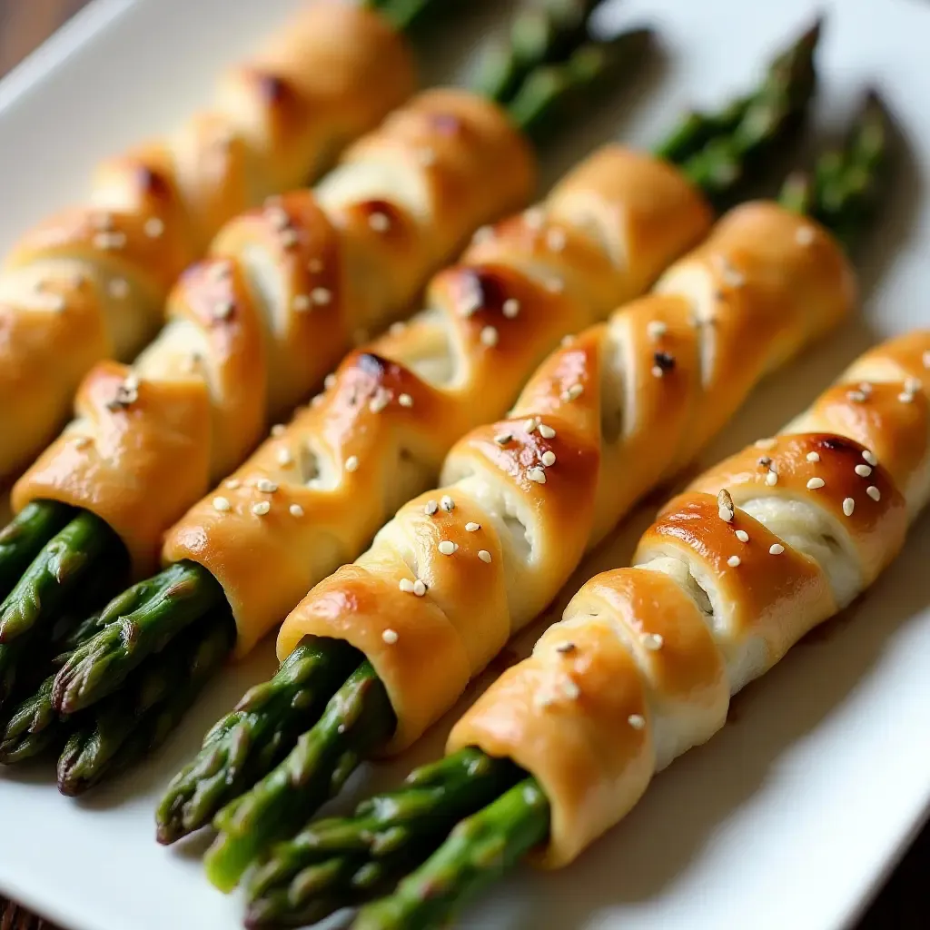 a photo of phyllo dough wrapped asparagus spears, baked golden brown with sesame seeds.