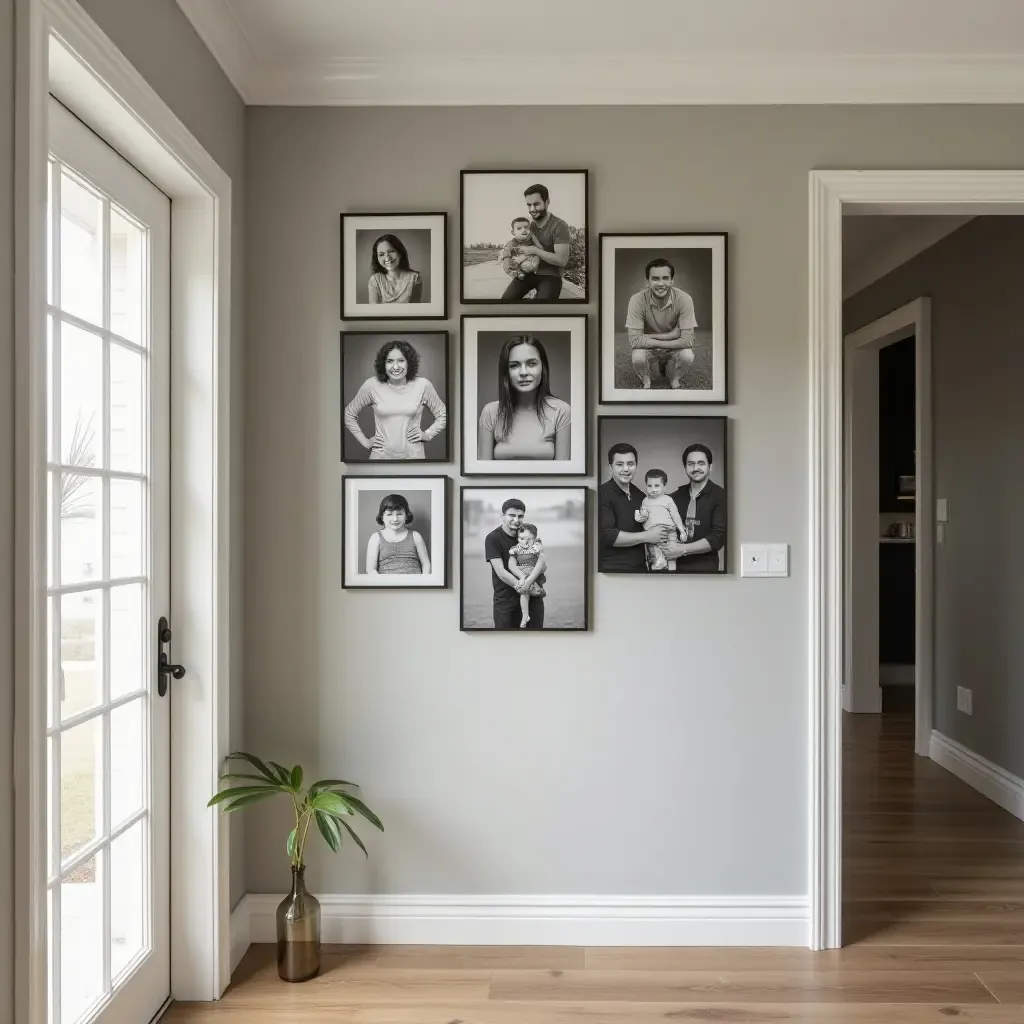 a photo of framed black and white family photos arranged on a hallway wall