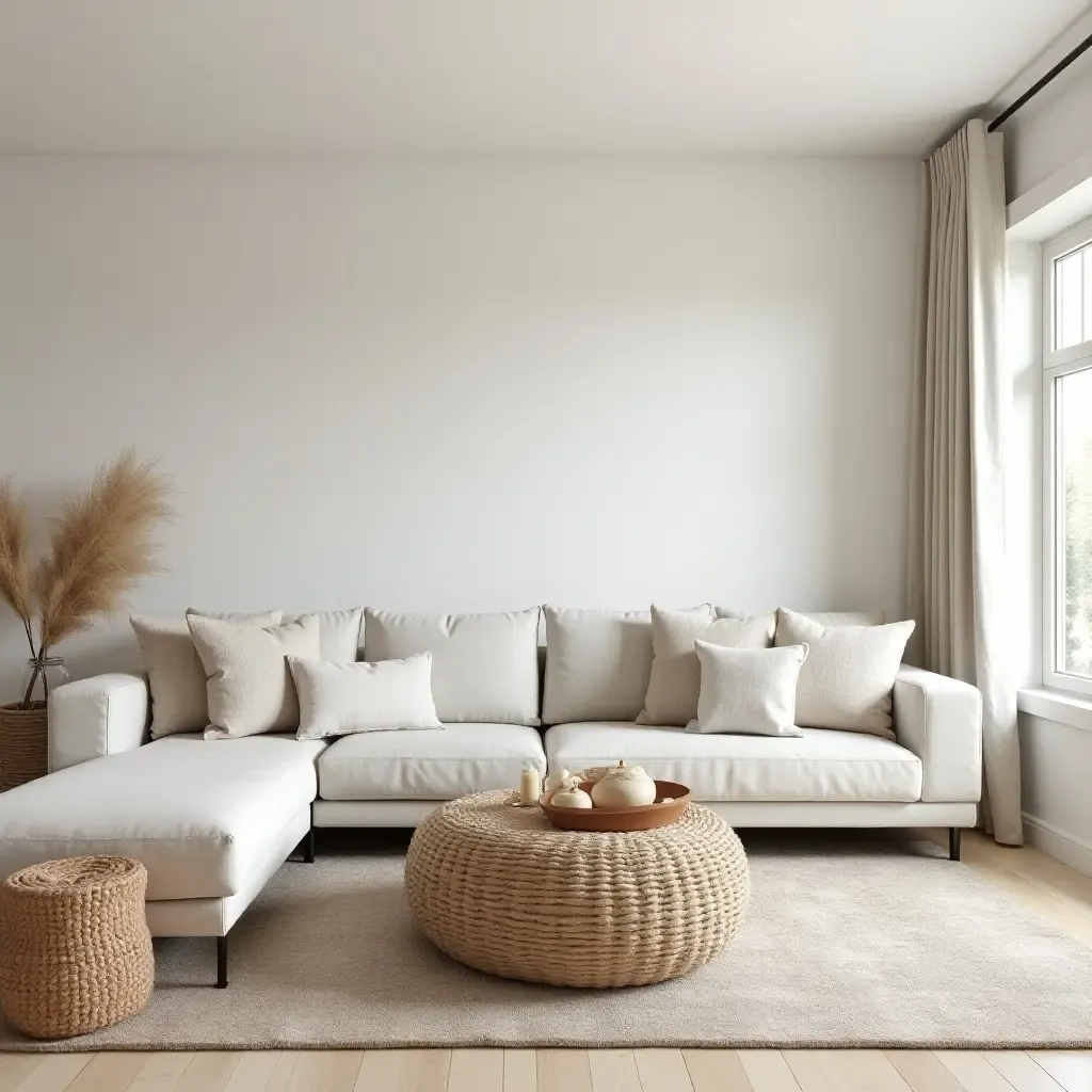 a photo of a farmhouse living room with soft, neutral colors and natural textures