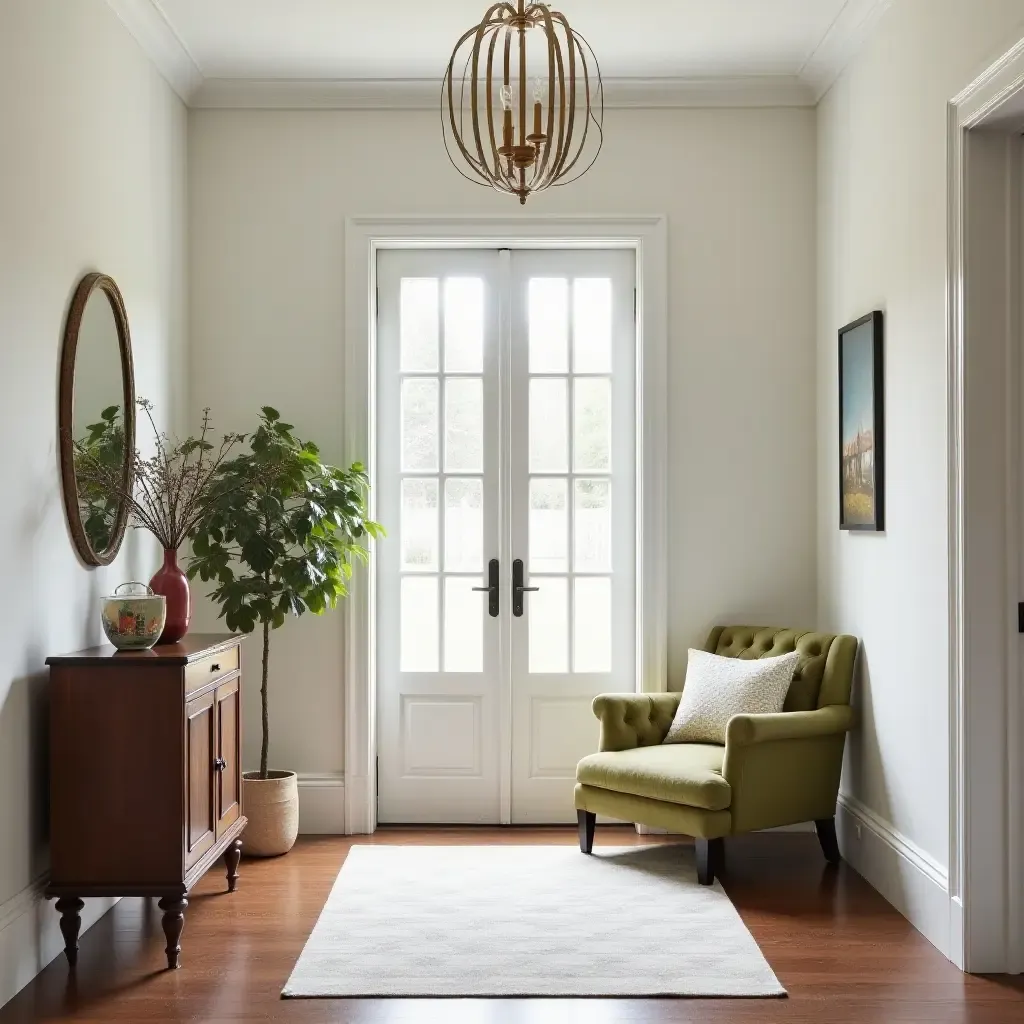 a photo of a welcoming foyer with a mix of vintage and contemporary pieces