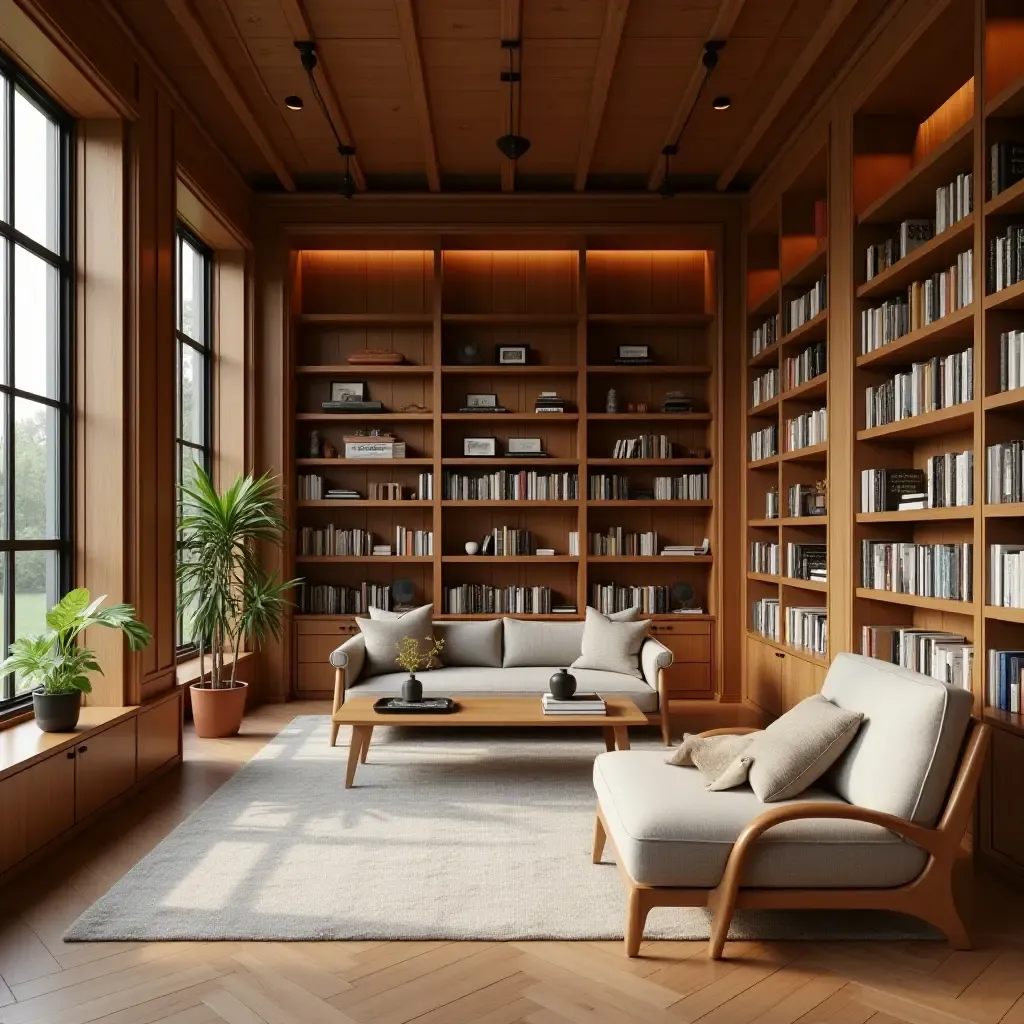 a photo of a library with wooden accents and a peaceful vibe