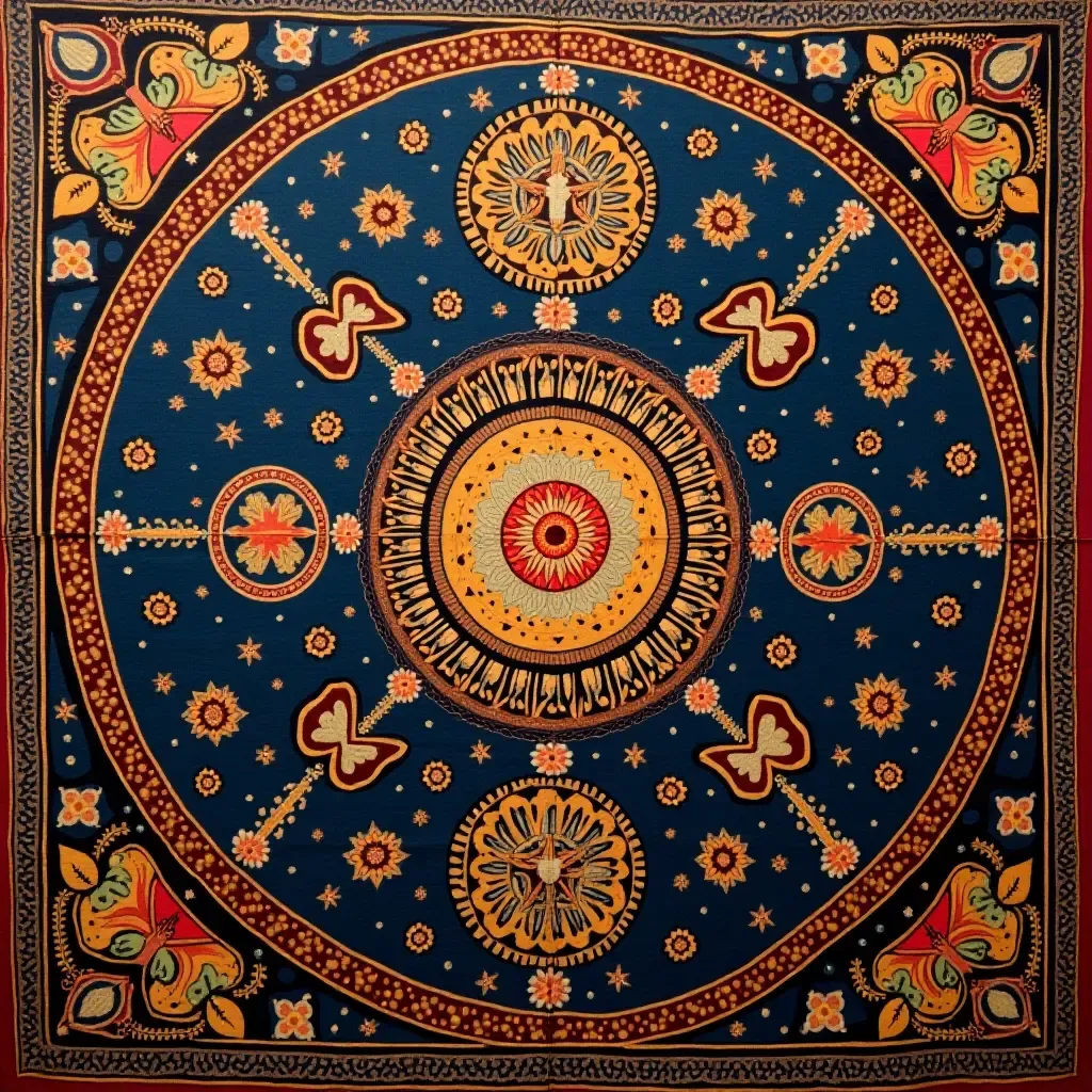 a photo of a tapestry featuring mystical symbols and rich colors