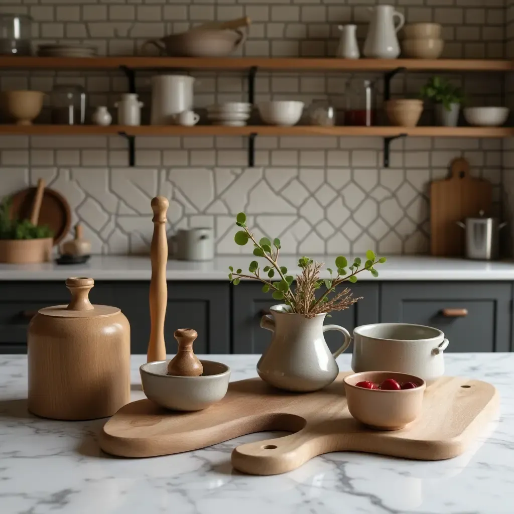 a photo of a countertop showcasing artisanal kitchen tools and unique gadgets