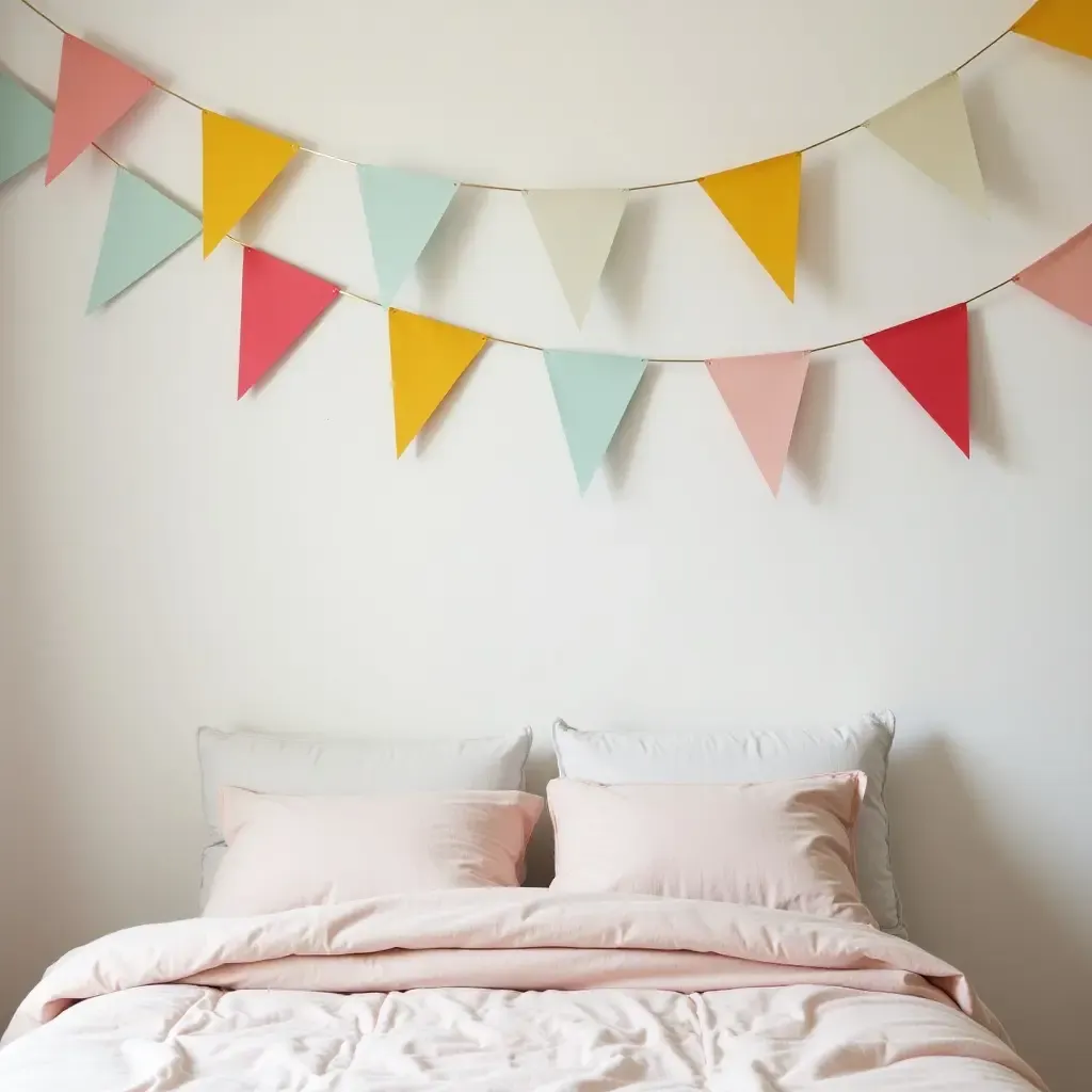 a photo of colorful bunting hanging above a bed