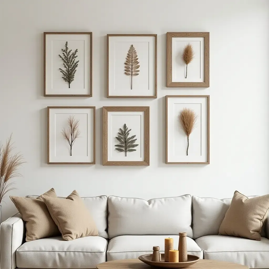 a photo of a rustic gallery wall with wooden frames and nature-inspired artwork