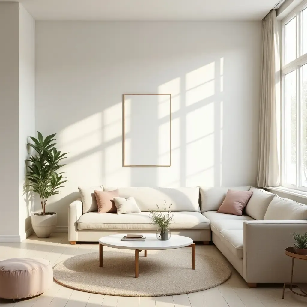 a photo of a serene living room with soft colors and natural light