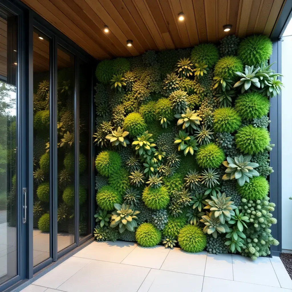 a photo of a vibrant succulent wall in a contemporary entrance space