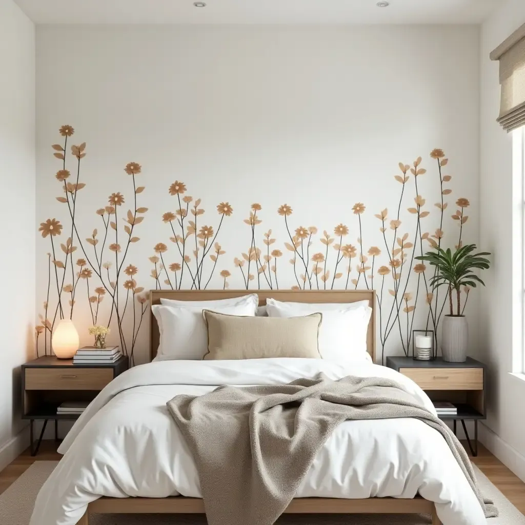 a photo of a cozy bedroom with botanical wall decals