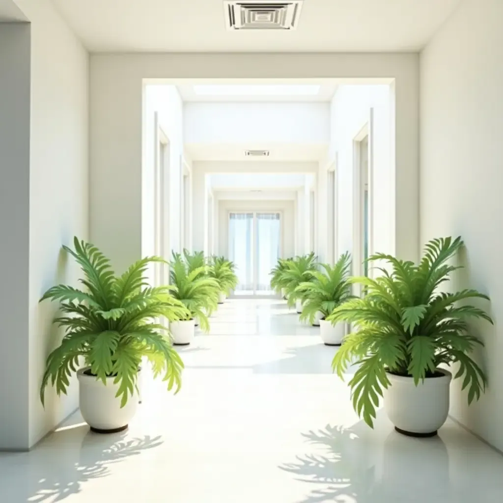 a photo of a bright corridor with white walls and vibrant green plants