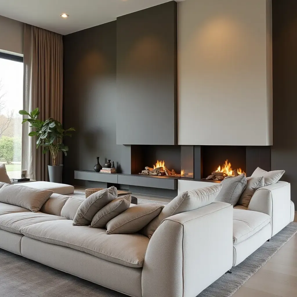 a photo of a stylish living room with a sectional and a double-sided fireplace