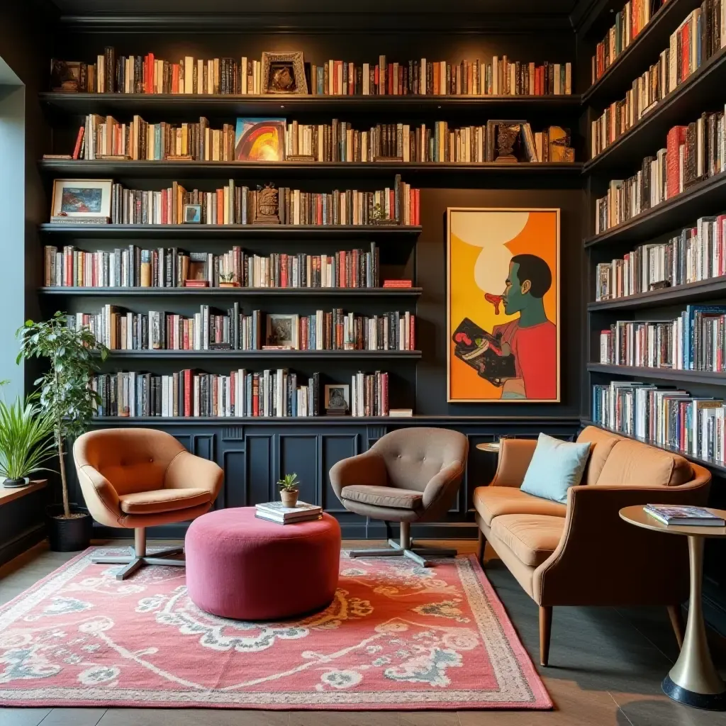 a photo of a colorful library with wall-mounted book displays and art