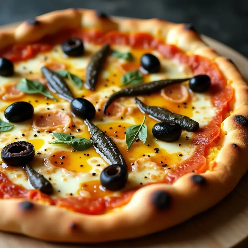 a photo of a pizza with umami-packed anchovies, olives, and a drizzle of truffle oil.