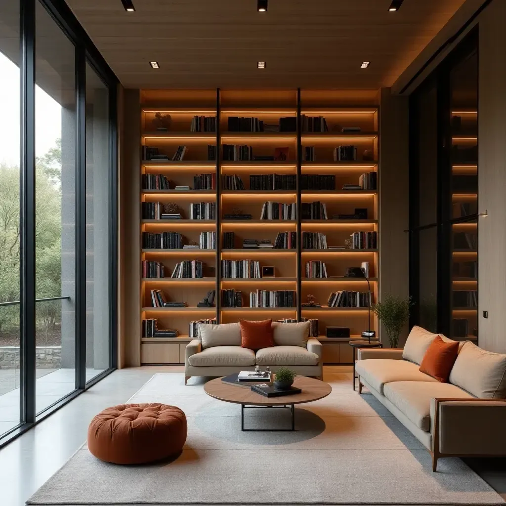 a photo of a modern library with a glass wall and storage integration