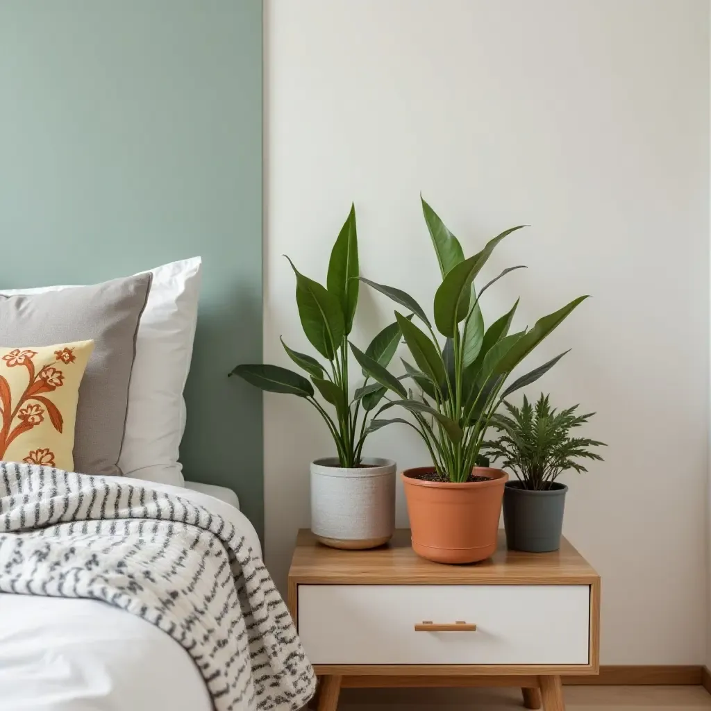 a photo of a bedroom with a colorful plant arrangement on the nightstand