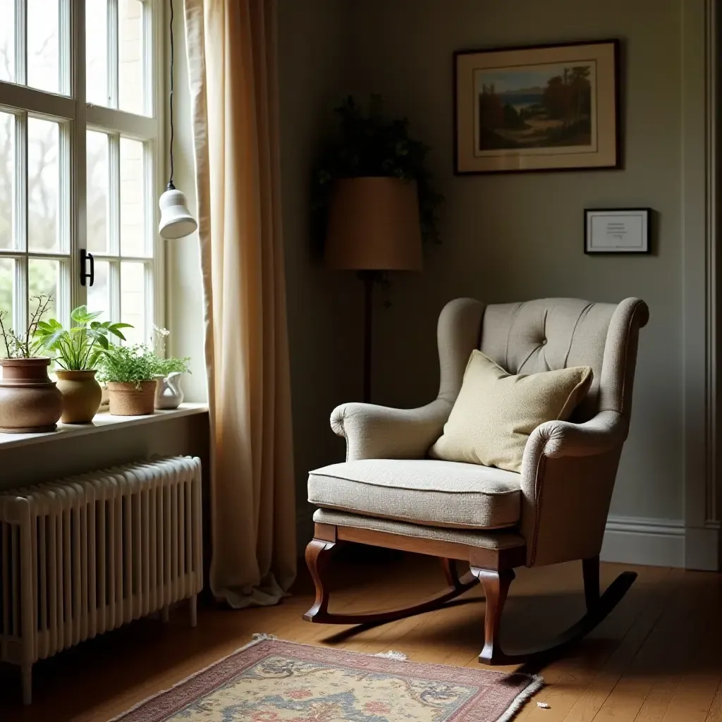 a photo of a vintage rocking chair in a cozy reading nook