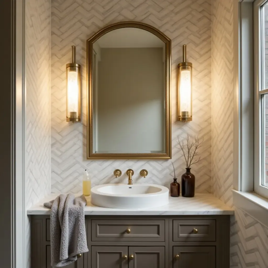 a photo of a bathroom with a vintage-inspired sink and contemporary lighting