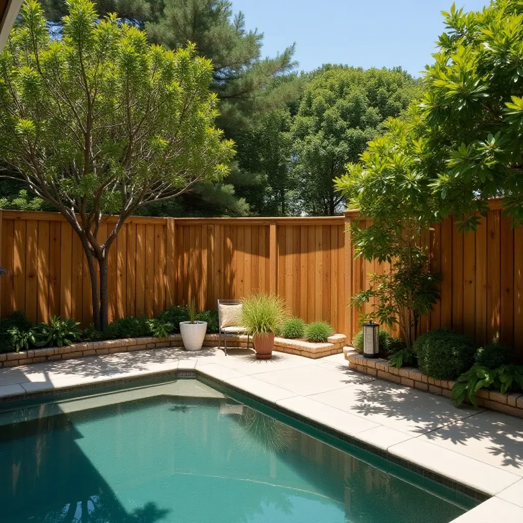 a photo of a wooden fence surrounding a lush pool area