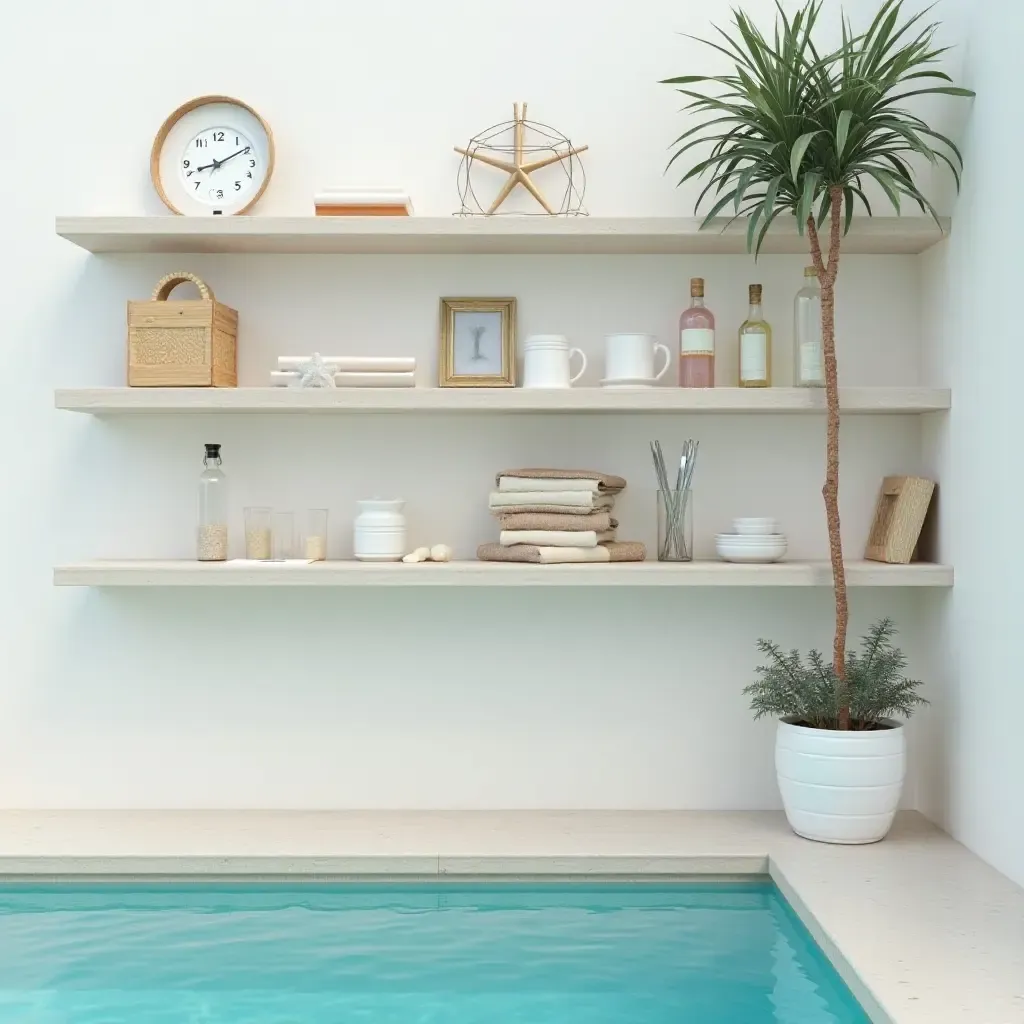 a photo of a modern poolside shelf adorned with beach-themed decor