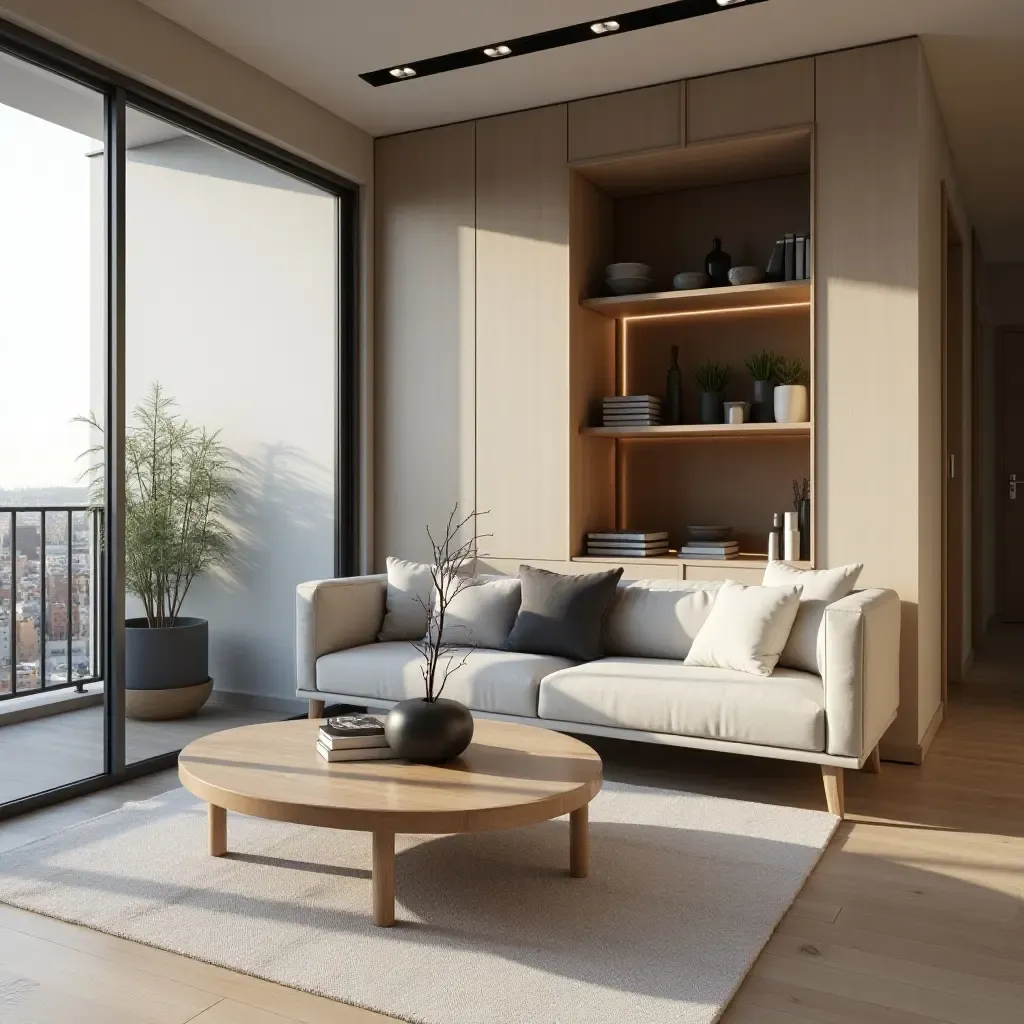 a photo of a balcony with a stylish coffee table and hidden storage