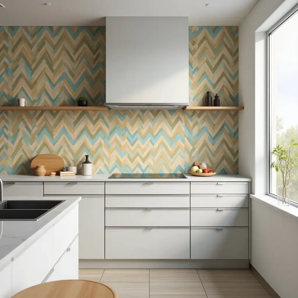 a photo of a kitchen with a colorful tile backsplash