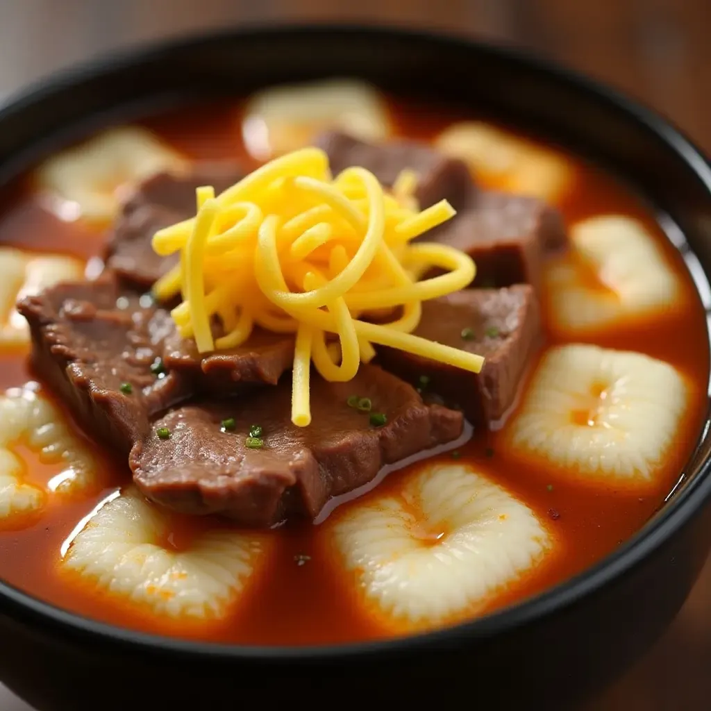 a photo of spicy tteokguk with chewy rice cakes and sliced beef in a clear broth, garnished with egg strips.