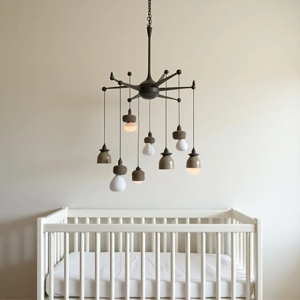 a photo of a whimsical, industrial-themed mobile hanging above a crib