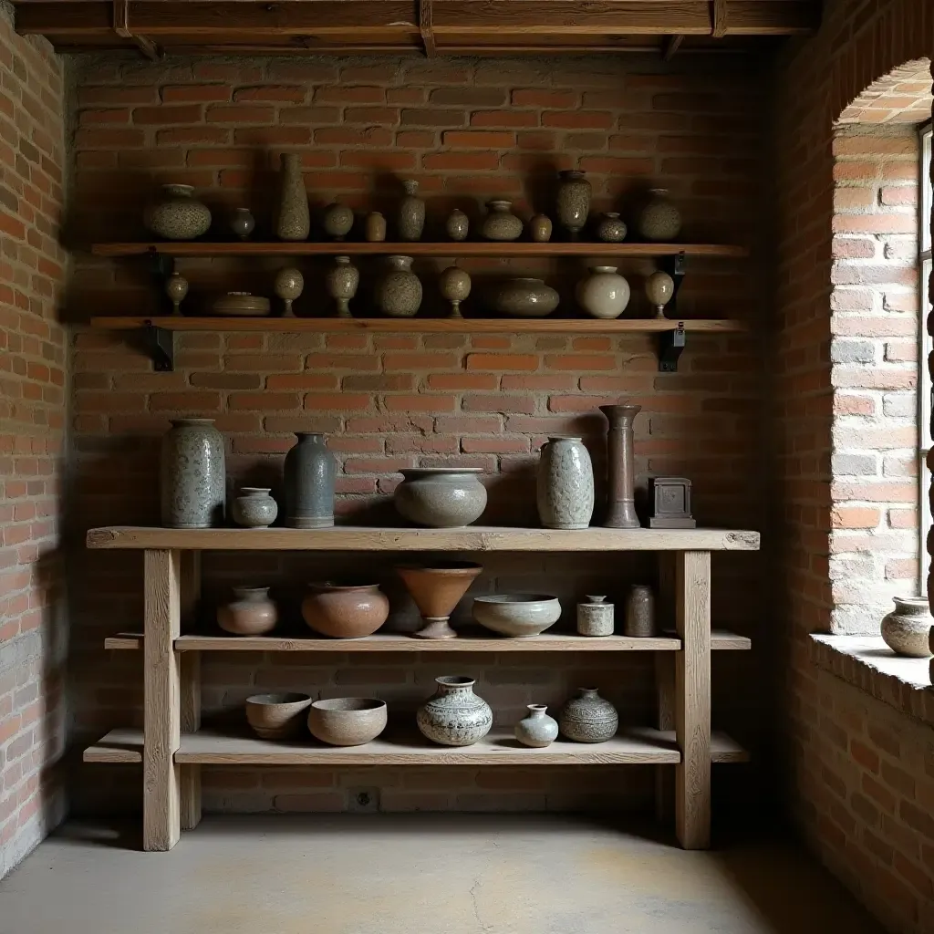 a photo of a rustic basement shelf displaying vintage collectibles