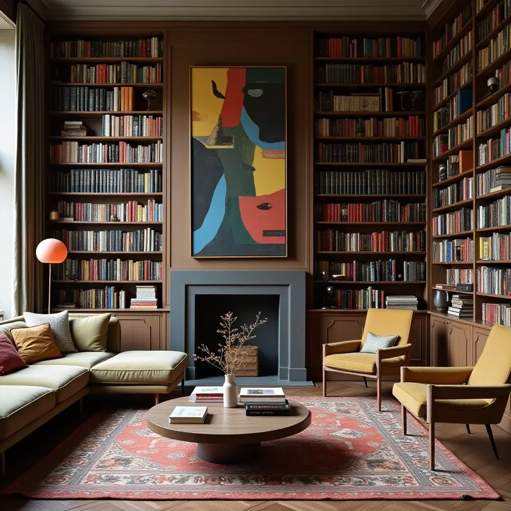 a photo of a library with a creative mix of art and organized books