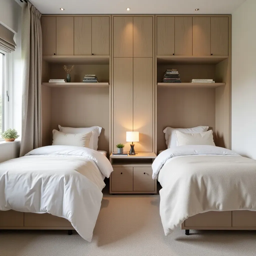 a photo of a cozy shared bedroom with twin beds and creative storage solutions