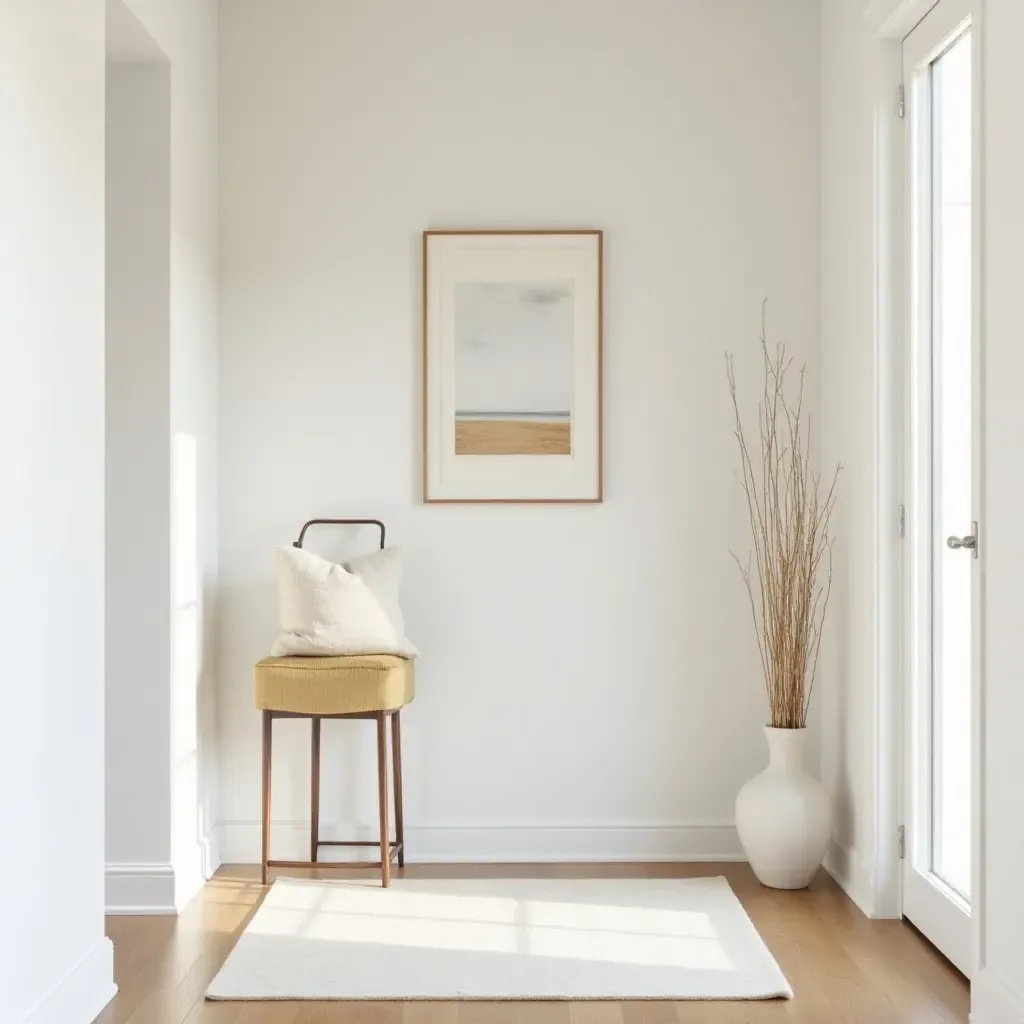 a photo of a serene entryway with a soft rug and minimal art pieces