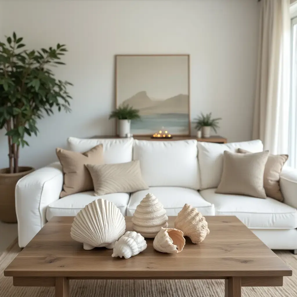 a photo of a living room with a coffee table decorated with shells