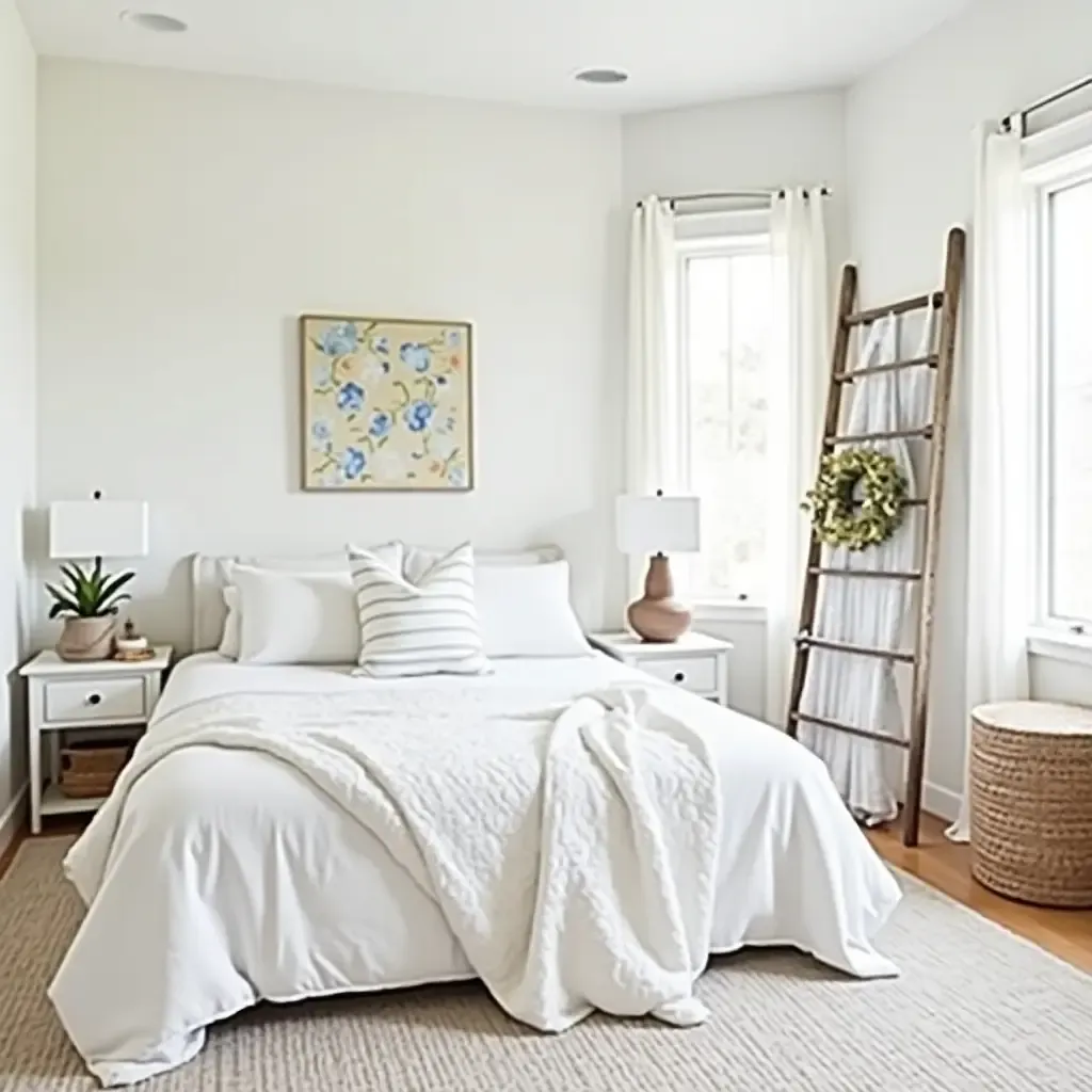 a photo of a farmhouse-style bedroom with a vintage ladder used for decor